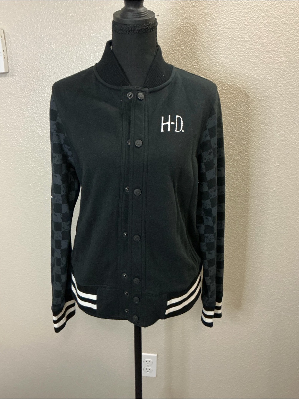 Harley-Davidson Black Varsity Jacket with Checkerboard Sleeves